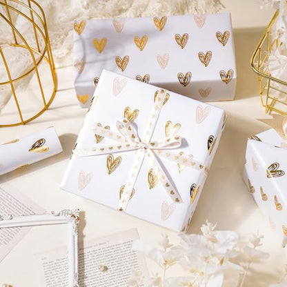 WRAPAHOLIC Heart Wrapping Paper Roll - Mini Roll - 17 Inch x 16.5 Feet - Gold Foil Heart Design for Valentines Day, Wedding, Bridal Shower, Birthday, Baby Shower - color: Pink & Gold - Heart, size: 17 inch x 16.5 feet
