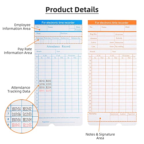 TooCust 100-Piece Time Cards for Employees, Monthly Time Cards 2-Sided, 2-Color Timecards for Time Clocks, Blue/Orange Print, 7-3/8 x 3-3/8 Inch - style: 100PCS Time Cards