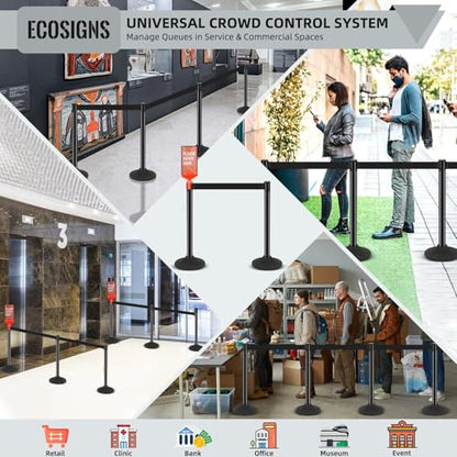 ECOSlGNS 12 Pack Crowd Control Stanchions with Retractable Belts - Commercial Black Stanchions with Heavy Duty Base & Sign Holders for Queue Management - color: Black- 12 Packs
