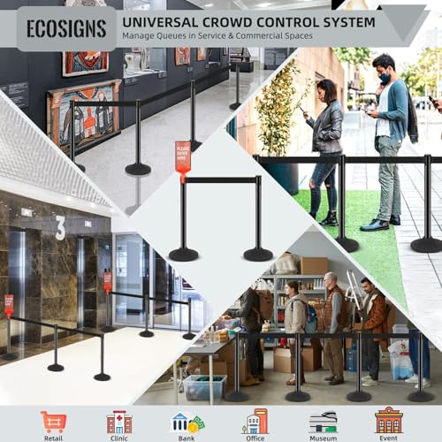 ECOSlGNS 12 Pack Crowd Control Stanchions with Retractable Belts - Commercial Black Stanchions with Heavy Duty Base & Sign Holders for Queue Management - color: Black, size: Round Base - 12 Pack