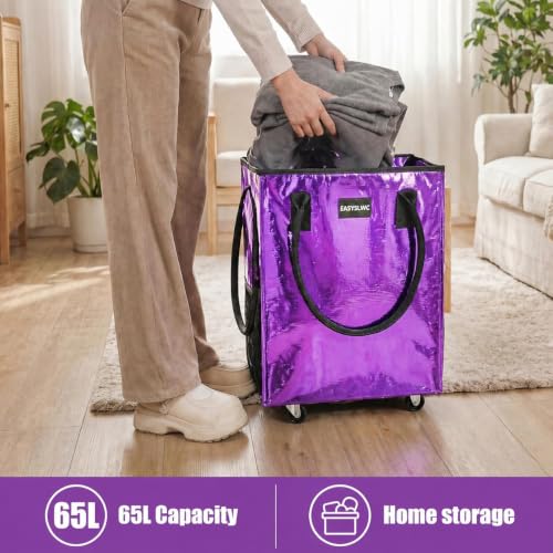 Grocery Bag Rolling Tote Bag on Wheels, Shopping Bag with Wheels Handle - color: Purple