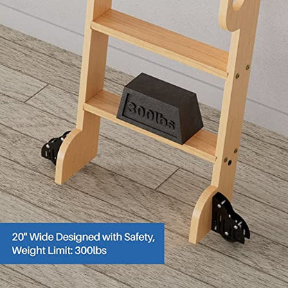 7 ft Rolling Library Ladder, Sturdy Wood Step and Build-in Handrail, Multi-use for Loft Stairs/Bookshelf, Red Oak (Total Length 86.7’’)