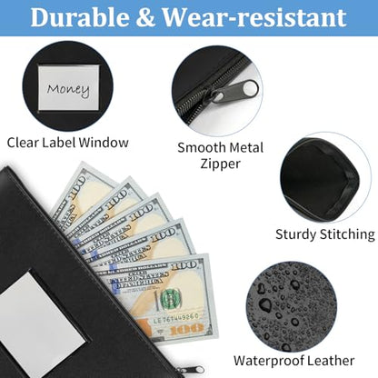 2 Pack PU Leather Bank Money Bags with Zipper & Label, Navy Blue, Black - color: Black