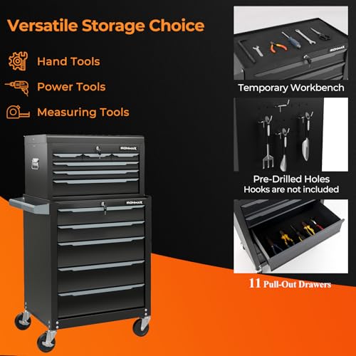 Goplus Rolling Steel Tool Chest, 11-Drawer Heavy-Duty Tool Storage Cabinet with Hanging Holes, Central Keyed Locking System, Ball-Bearing Slides & Lockable Wheels, Tool Box Organizer for Garage - style: Tool Box + Chest