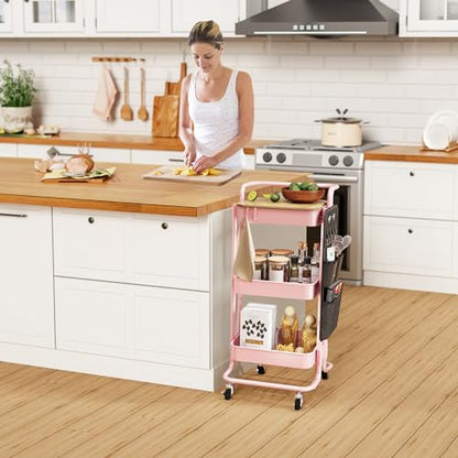 DTK 3-Tier Rolling Cart with Table Top, Metal Utility Cart with Side Bags - color: Pink, size: Large