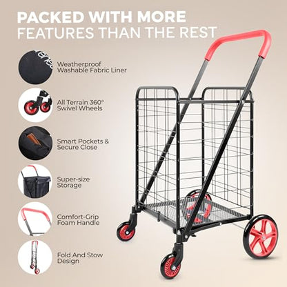 SereneLife Small Compact Folding Shopping Cart with Removable Waterproof Liner – 360° Swivel Wheels, Rust‑Proof Steel Frame, 70 lb Capacity – Portable Grocery, Laundry & Travel Cart (Red) - color: Red
