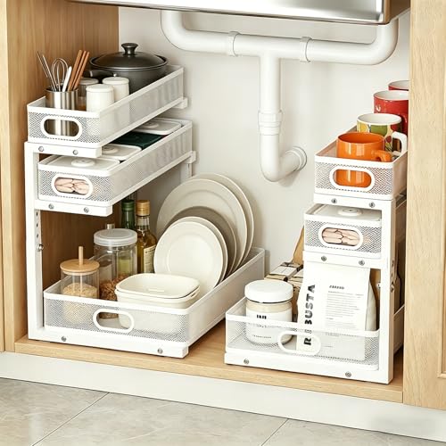 2 Pack Under Sink Organizer, 3-Tier Pull Out Kitchen Cabinet Organizer - color: 3-Tier- White