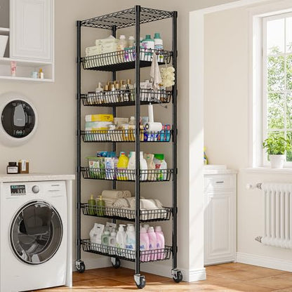 DurayLoly 7-Tier Wire Shelving Unit with Basket Shelf & Wheels - size: 72" H x 30" W x 14" D