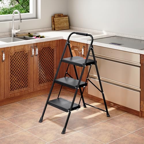 TOOLF 3 Step Ladder, Folding Steel Step Ladder with Handrail, Black - size: 3 Step Ladder