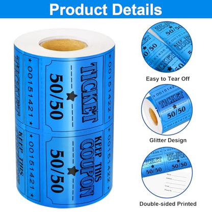 ceiba tree 50/50 Raffle Tickets Double Roll Golden Tickets Large Blue Glitter Cards for Events Carnivals Entry Class Reward Prizes Movie Party Wedding Entertainment - color: Blue