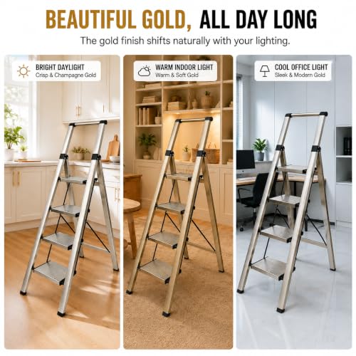 HISMOCAL 4 Step Ladder with Handrail, Lightweight Aluminum Step Stool, Gold - color: Golden, size: 4 Step-Handle