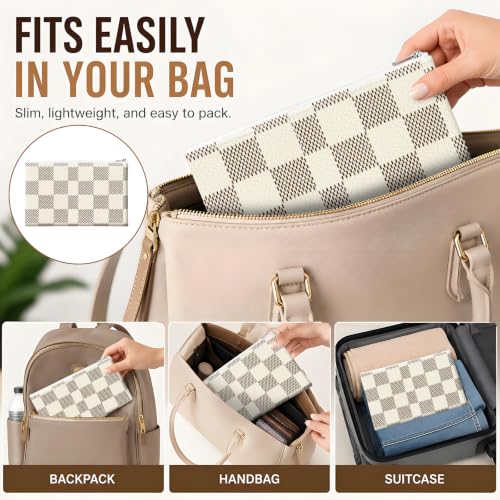 Money Bag with Zipper, Cute PU Leather Cash Bags, Portable Bank Bag Money Pouch for Cash, Coins, Checks, Receipts, Invoices Cosmetics Tools, Deposit Bag for Office Travel, Brown Checker - color: Brown Checker