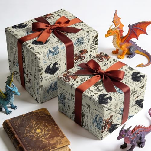 RUSPEPA Medieval Dragon Wrapping Paper Roll, Mini Roll, Mythical Dragon Lore Design Gift Wrap, Fantasy Gift Wrap Paper for Kids, Boys, Men, Gamers, Birthday, Magical Party, 17 Inch x 16.4 Feet - color: Dragon Lore