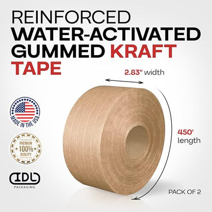 IDL Packaging 2.83" x 450' Water-Activated Kraft Gummed Tape, 30lb (2-Pack) - color: Brown, 30 lbs
