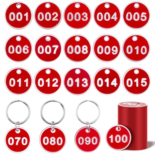 1-100 Numbered Key Tags, Round Metal Tags, Key Chain Labels, Key Tag for Home, Office and Garage, Dorm Keys, House Lockers (Red) - color: 1-100 Red
