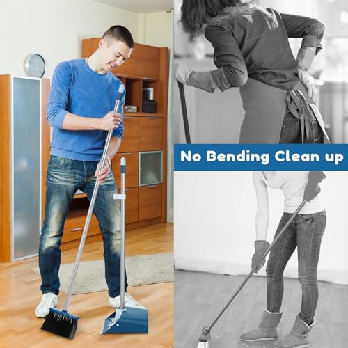 TreeLen Standing Dustpan and Broom Set with 52 Inch Long Extendable Handle for Cleaning Home, Interiors, Kitchens, Office Lobby Floors, Blue - color: Blue