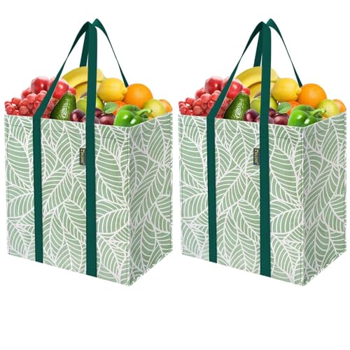BALEINE 2 PK Grocery Bags Reusable Shopping Bags with Reinforced Bottom, Heavy Duty Foldable Tote Bags (Antique Folidage) - color: Antique Folidage, size: 2 PK