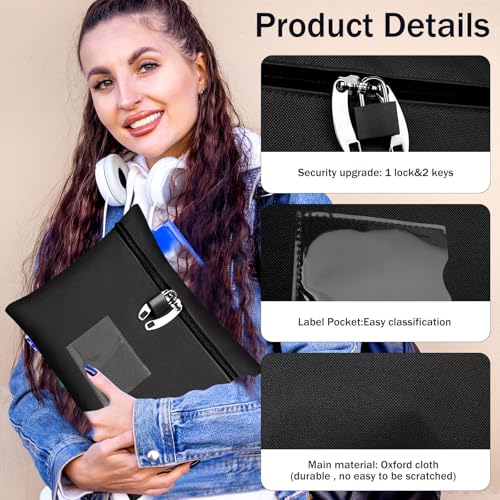Money Bag with Zipper Lock for Cash, Black, 11.4x8.3in - color: white