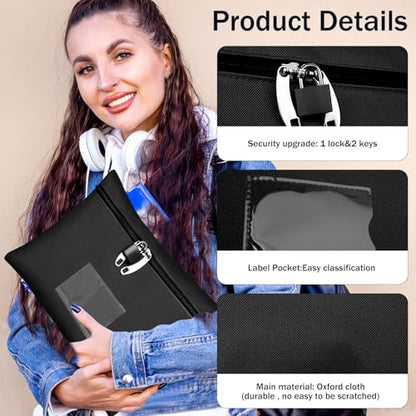 Money Bag with Zipper Lock for Cash, Black, 11.4x8.3in - color: white