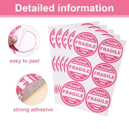 300Pcs 2 Inch Pink Round Fragile Stickers Adhesive Handle with Care Thank You Labels for Shipping Mailing Cartons Pallets