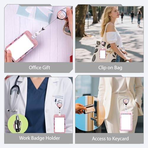 Cute ID Badge Holder with Pink Retractable Badge Reel Clip Vertical ID Name Key Card Holder for Women Nurse Teacher Preppy School Student - color: 2 Quote