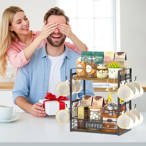 EsLuker.ly Coffee Mug Cup Holder Tree Bar Station Organizer, 2 Tier - color: Antique Brown + Black