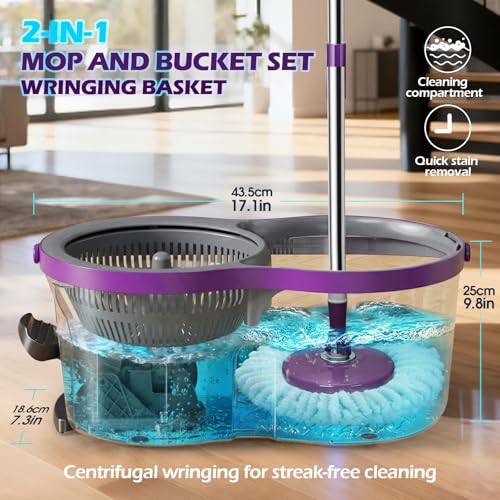 Masthome Spin Mop and Bucket Set,Compact Mop Bucket System with Wringer - color: Purple