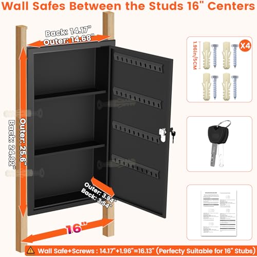 25.6" Tall Wall Safe Between 16" Studs | 33% Larger Capacity | In Wall Safe - color: Black, size: 25.6" Tall