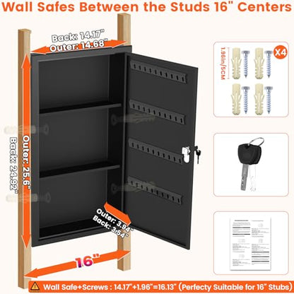 25.6" Tall Wall Safe Between 16" Studs | 33% Larger Capacity | In Wall Safe - color: Black, size: 25.6" Tall