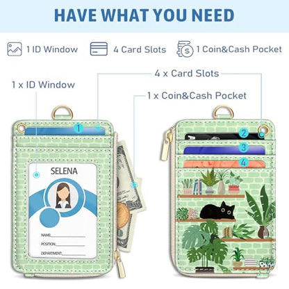 Cute Black Cat Lanyard Wallet with ID Badge Holder Small Slim RFID Keychain - color: Cat Plant Shelf
