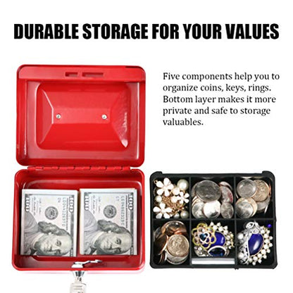 Cash Box with Money Tray, Parrency Small Money Box with Key Lock, 6" x 4 4/5" x 3", Red - color: Red, size: Small（5.9")