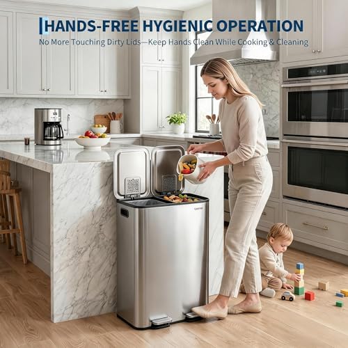2x8 Gal Dual Compartment Stainless Steel Kitchen Trash Can with Lid, 30L+30L Recycling Garbage Bin, Soft Close Foot Pedal Trash Bin with 2 Removable Inner Buckets, Fingerprint Resistant for Home Offic - color: Stainless Steel, size: 2x8 Gal
