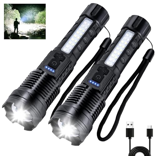 Rechargeable Flashlight 980,000L High Lumens 2 Pack, Led Tactical Flash Light, Super Bright Flashlights with 7 Modes, USB C Charging, Cob Side Light, IPX6 Waterproof for Camping Emergency