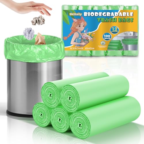 Green Trash Bags 1.2 Gallon - heihaily 100 Count Bulk Compostable Mini Garbage Bag See-Through Design & Leakproof Recycling for Office Desk, Bathroom, or Car Small Bins - color: Bio-1.2Gal-Green100