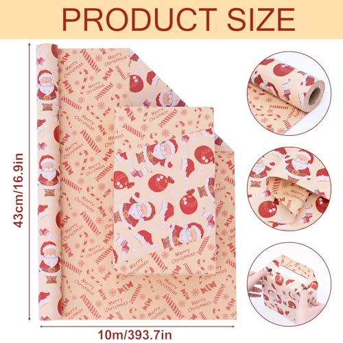 Larcenciel Christmas Wrapping Paper Roll, Reversible Santa & Candy Cane Pattern, Red and Brown Kraft Gift Wrapping Paper, Double-Sided Xmas Gift Wrap for Holiday Party, 17 In x 32.8 Ft (46.45 sq.ft.) - color: Brown And Red White