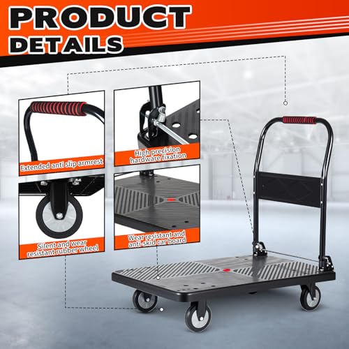 660 lb Folding Platform Truck Cart with 5" Silent TPR Wheels, Heavy Duty Flatbed Push Cart Dolly, Foldable Moving Utility Cart for Warehouse Garage Office Home, Black - color: 660 Lb - 35.8" X 24"