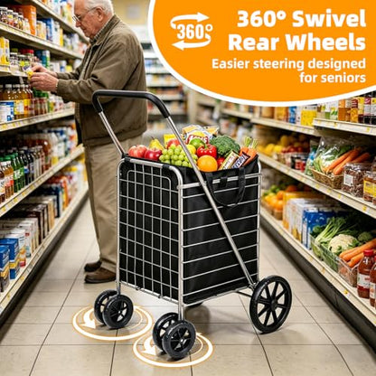 Folding Shopping Cart with Large Front Wheels, Grocery Cart with Waterproof Liner, 360° Swivel Dual Rear Wheels, Heavy Duty Collapsible Utility Wagon, Perfect for Groceries Laundry Luggage Travel - size: Large+Single Basket