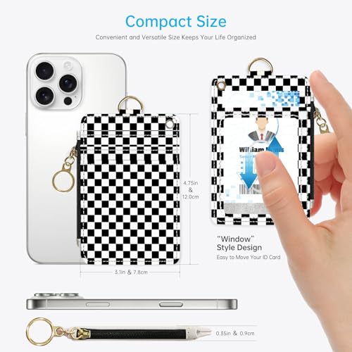 2-in-1 ID Badge Holder & Lanyard Wallet， Cute Zippered Pouch Checkered - color: Black and White Checkered