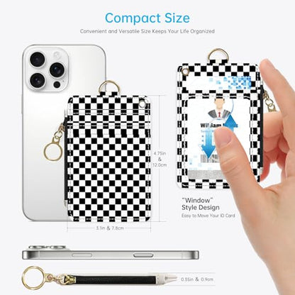 2-in-1 ID Badge Holder & Lanyard Wallet， Cute Zippered Pouch Checkered - color: Black and White Checkered