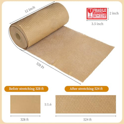 Brown Honeycomb Packing Paper 2 Rolls, 12 x 328 ft, 100 Fragile Labels - color: Brown, size: 12inch x 328 FT