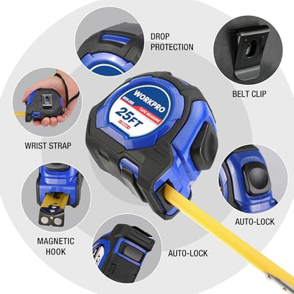 WORKPRO 25FT Auto-Lock Tape Measure, 1/8 Fractions Measuring Tape - color: Blue, size: 7.6 m