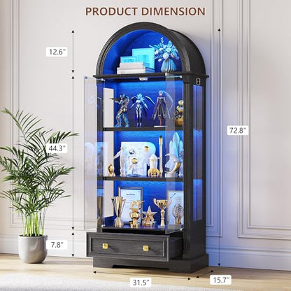 Black Curio Cabinet with Glass Doors, 72" Tall Arched Display Cabinet with Human Sensor Lights, 4-Tier Display Case for Collectibles Bookcase Living Room - color: Black
