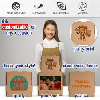 MT Products Custom Printed Kraft Pizza Boxes with logo - 10 x 10 x 1.75 Corrugated Cardboard - Pack of 5-50 - color: Custom Printed - Brown