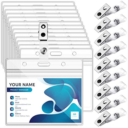 100 Sets Badge Holders and Metal Clips Horizontal Name Tag Holder with Clip