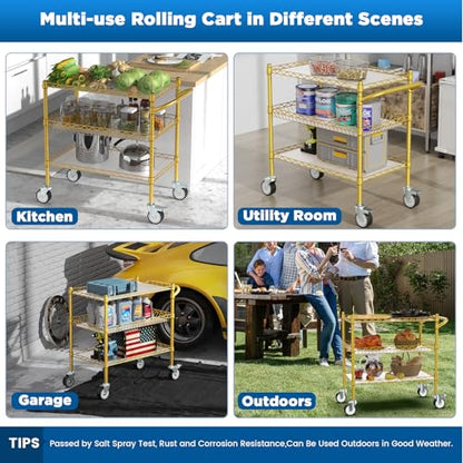 Leteuke 3 Tier Rolling Carts with Wheels, Heavy Duty Rolling Utility Cart - color: Gold