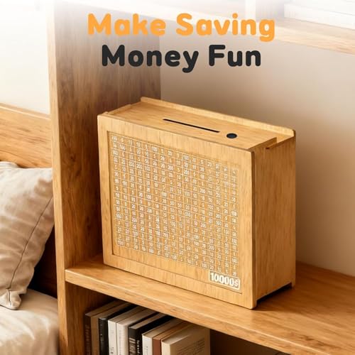 Cash Vault Wooden Savings Box,$10000 Wooden Cash Saver Money Box, Cash Saver Box, Coin Counter Piggy Bank, Money Box with Counter, Wooden Money Box with Money Target and Numbers (Brown) - color: Brown
