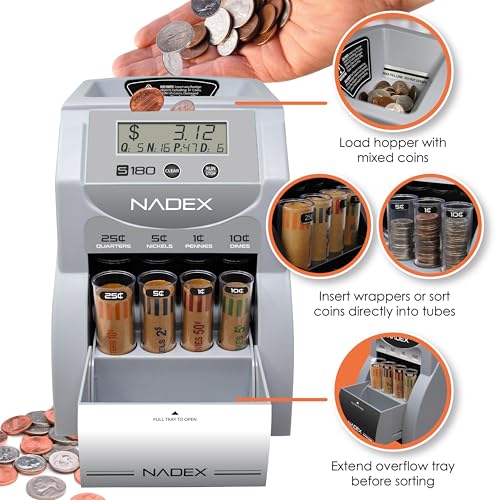 Nadex S180 Digital Coin Sorter and Counter – Displays Total and Denomination Values, Silver