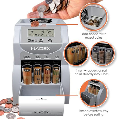 Nadex S180 Digital Coin Sorter and Counter – Displays Total and Denomination Values, Silver