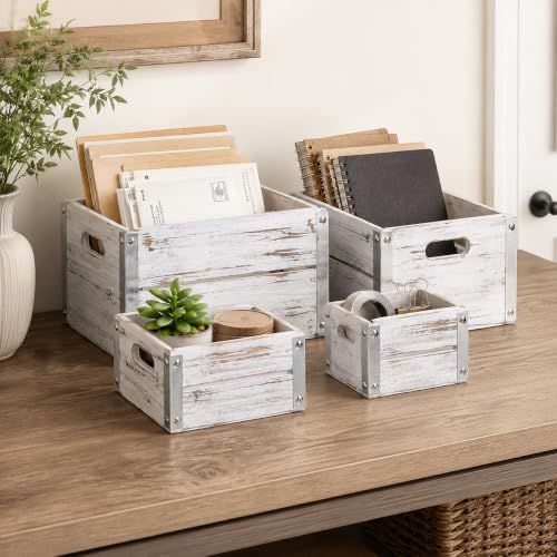 Oojami 4 Pack Distressed White Wood Crates Rustic Nesting Storage Boxes - color: Distressed White