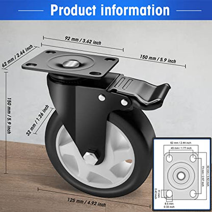 5" Swivel Plate Casters, 1400Lbs Capacity with Brake - color: Black, size: 5 Inch